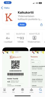 Näkymä MobiiliKaikukortista Applen sovelluskaupassa. Kaikukortti-logo, QR koodi.