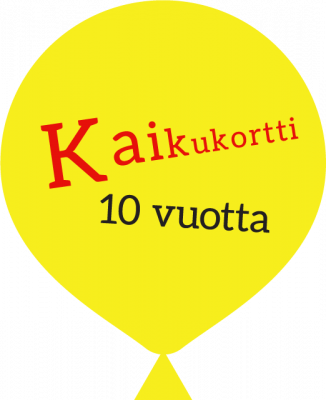 Piirretty keltainen ilmapallo, jossa Kaikukortin logo ja teksti 10 vuotta.