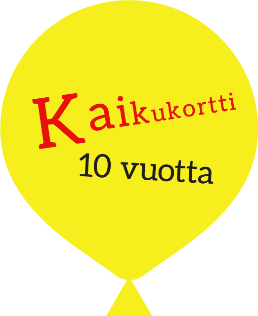 Keltainen piirretty ilmapallo, jonka sisällä on punaisella Kaikukortin logo ja mustalla teksti 10 vuotta.